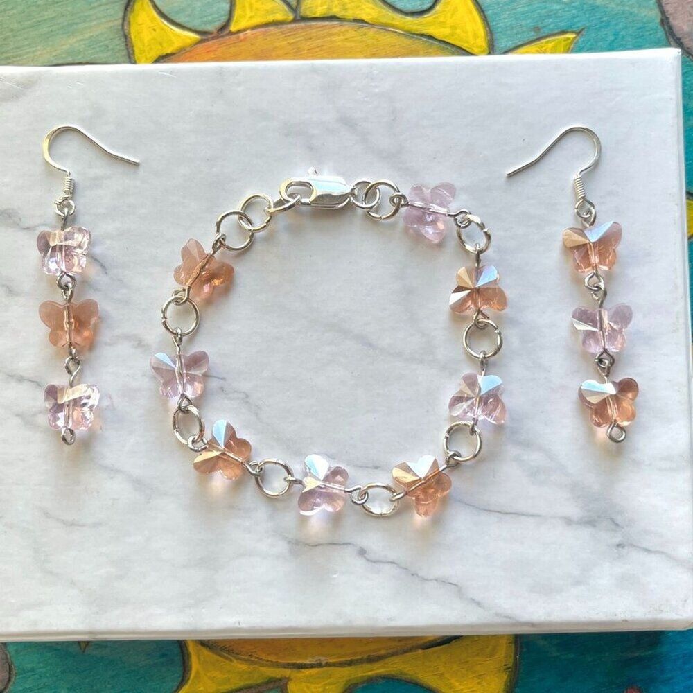 Rose Pink and Blush Glass Butterfly Bracelet + Earrings Set